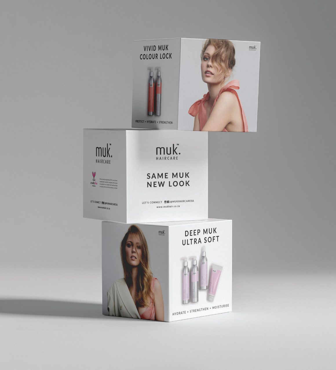 muk haircare point of sale, cardboard boxes with branding