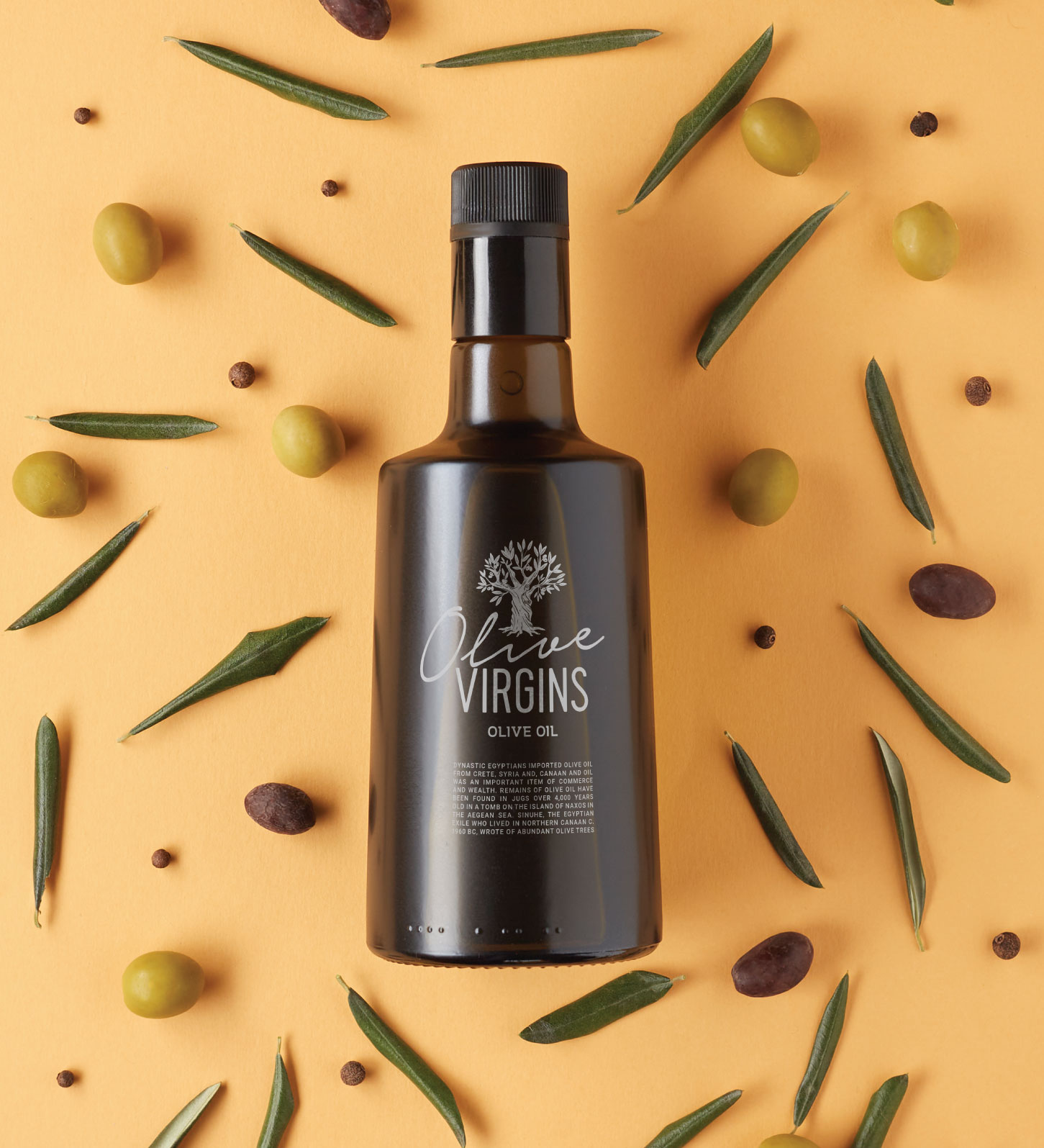 Olive oil packaging and logo design with illustrated olives and bottle label